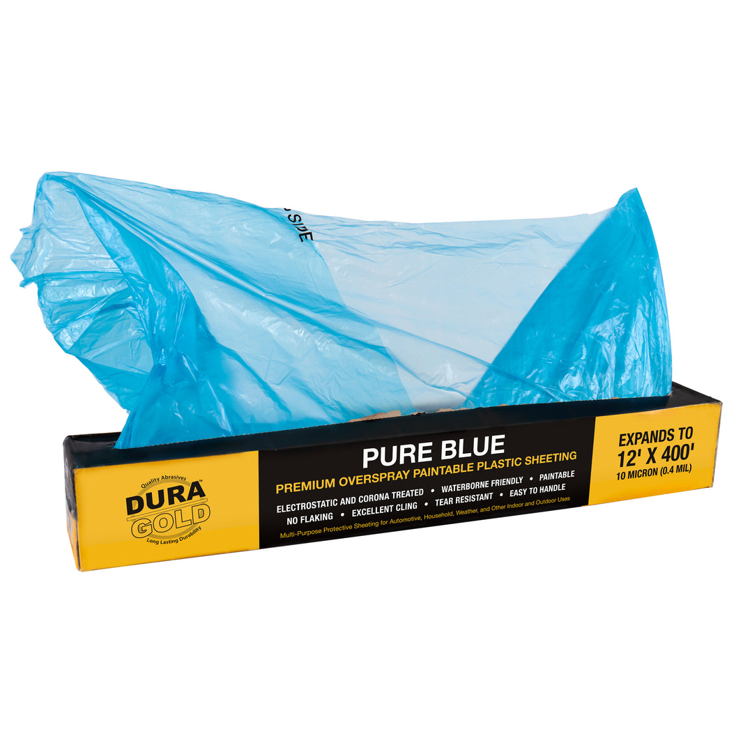 12' x 400' Pure Blue Protective Masking Film Cover - Overspray Paintable Sheeting Roll, Painters Plastic (10 Micron, .4 Mil) - Plastic Painting Protection for Auto & Household Paint Covering