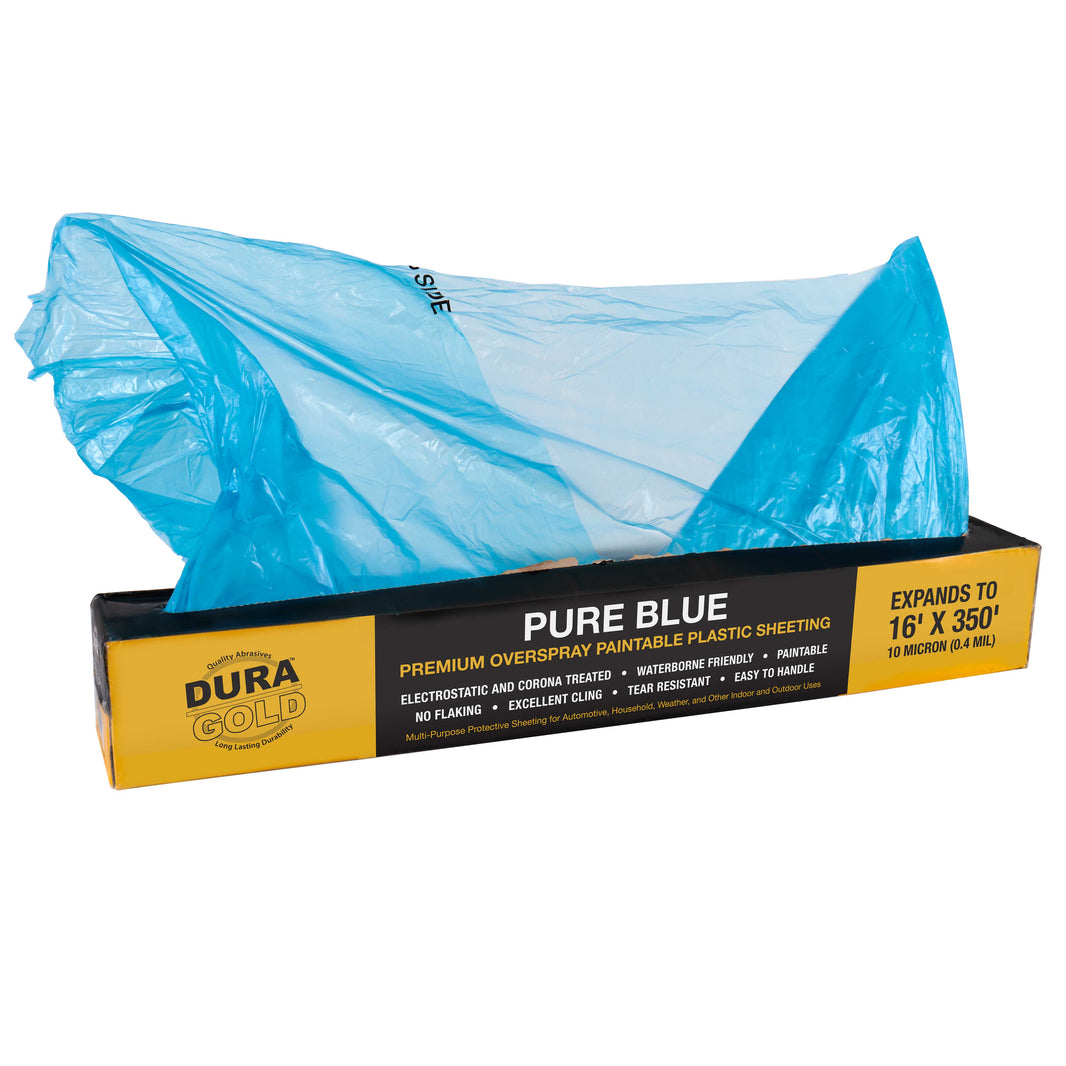 16' x 350' Pure Blue Protective Masking Film Cover - Overspray Paintable Sheeting Roll, Painters Plastic (10 Micron, .4 Mil)