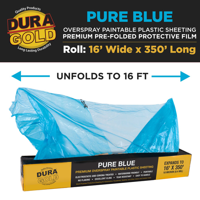 16' x 350' Roll of Pure Blue Premium Overspray Paintable Plastic Sheeting - 10 Micron, 0.4 Mil, Protective Masking Film Cover, Auto Painting