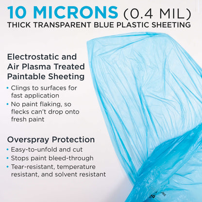 16' x 350' Pure Blue Protective Masking Film Cover - Overspray Paintable Sheeting Roll, Painters Plastic (10 Micron, .4 Mil)
