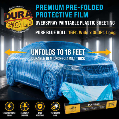 16' x 350' Pure Blue Protective Masking Film Cover - Overspray Paintable Sheeting Roll, Painters Plastic (10 Micron, .4 Mil)