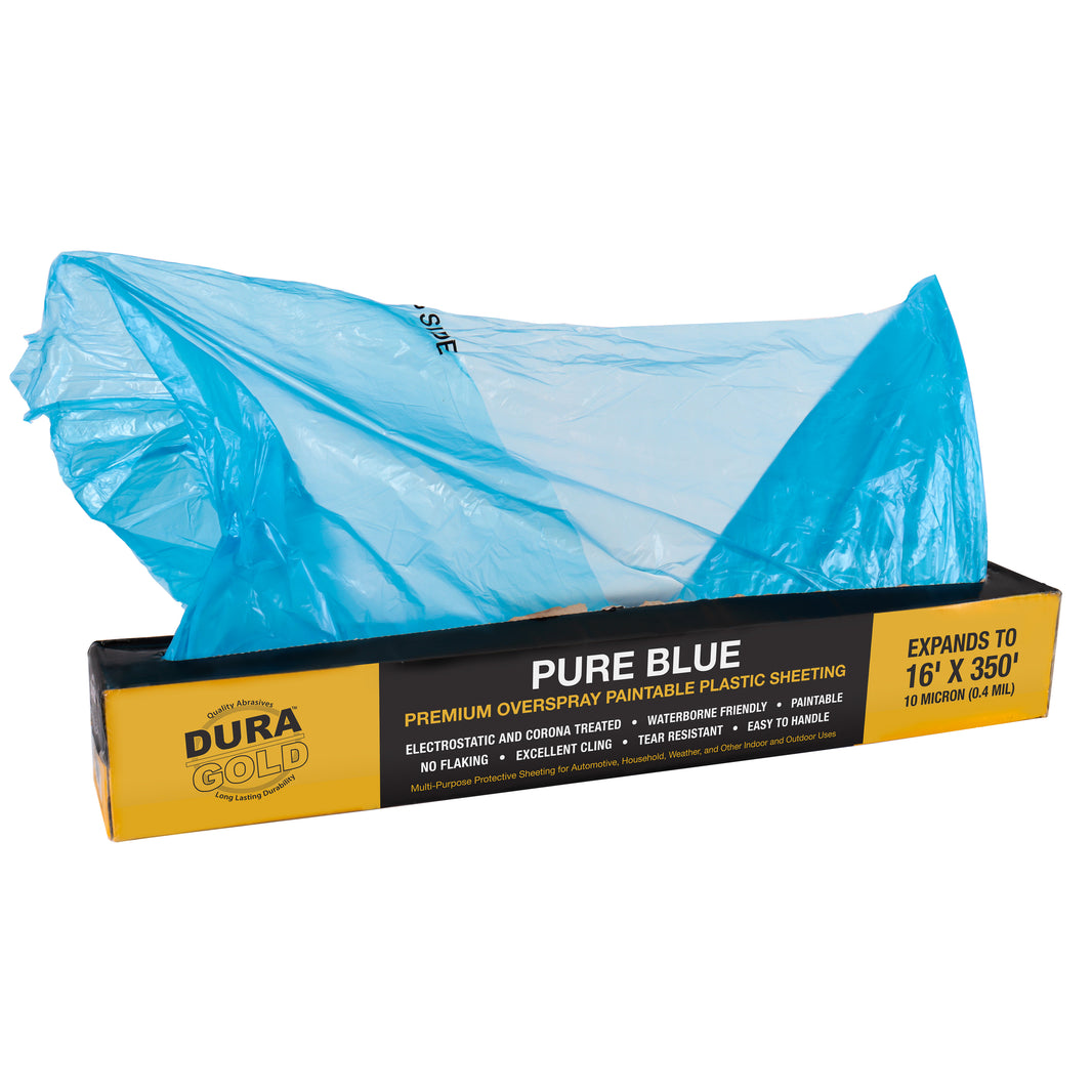 16' x 350' Pure Blue Protective Masking Film Cover - Overspray Paintable Sheeting Roll, Painters Plastic (10 Micron, .4 Mil)