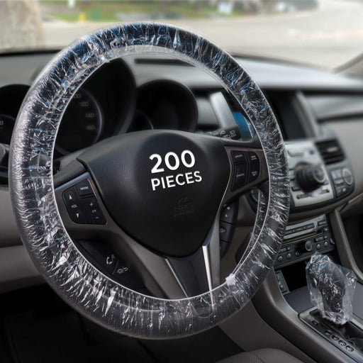 200 Piece Set of Disposable Steering Wheel Covers and Gear Selector Shifter Knob Covers - Universal Fit, Clear Plastic with Elastic Bands