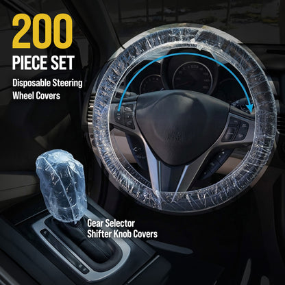 200 Piece Set of Disposable Steering Wheel Covers and Gear Selector Shifter Knob Covers - Universal Fit, Clear Plastic with Elastic Bands