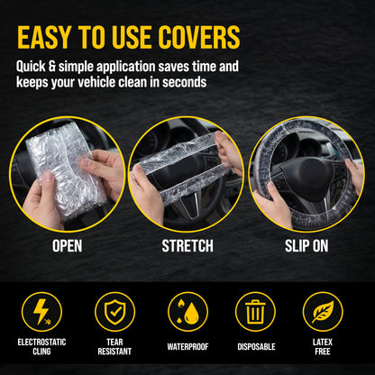 200 Piece Set of Disposable Steering Wheel Covers and Gear Selector Shifter Knob Covers - Universal Fit, Clear Plastic with Elastic Bands