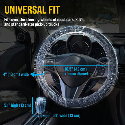 200 Piece Set of Disposable Steering Wheel Covers and Gear Selector Shifter Knob Covers - Universal Fit, Clear Plastic with Elastic Bands