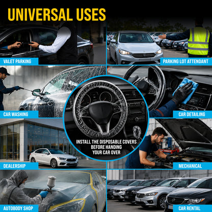 200 Piece Set of Disposable Steering Wheel Covers and Gear Selector Shifter Knob Covers - Universal Fit, Clear Plastic with Elastic Bands