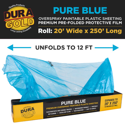 20' x 250' Pure Blue Protective Masking Film Cover - Overspray Paintable Sheeting Roll, Painters Plastic (10 Micron, .4 Mil)