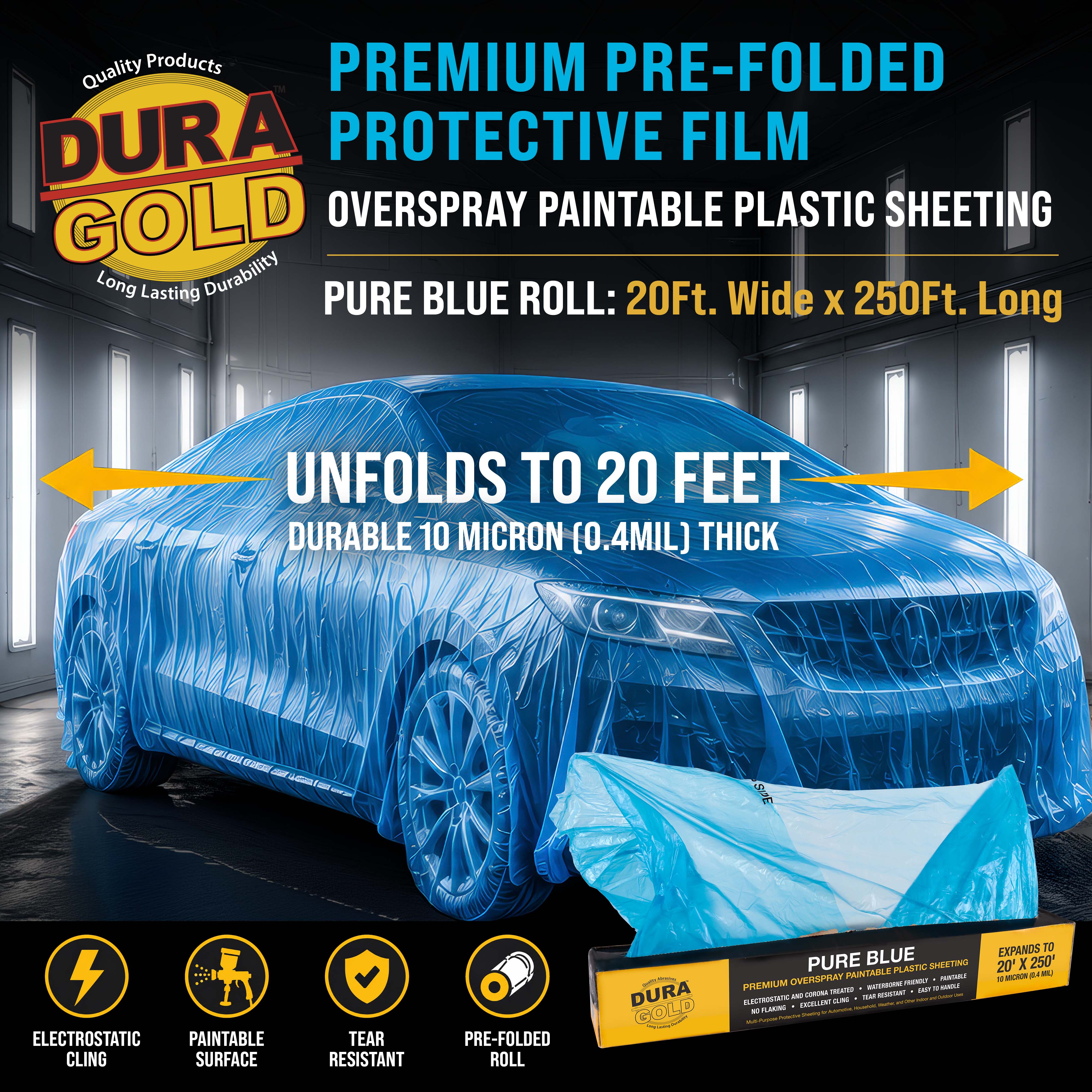 20' x 250' Roll Pure Blue Premium Overspray Paintable Plastic