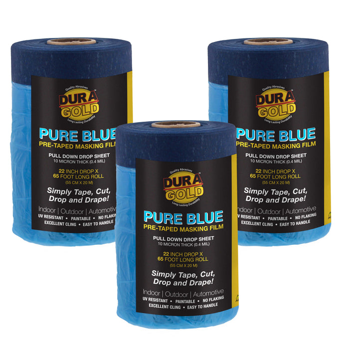 22" Wide x 65' Long Roll of Pure Blue Pre-Taped Masking Film, 3 Pack - Overspray Paintable Plastic Protective Sheeting, Pull Down Drop Sheet