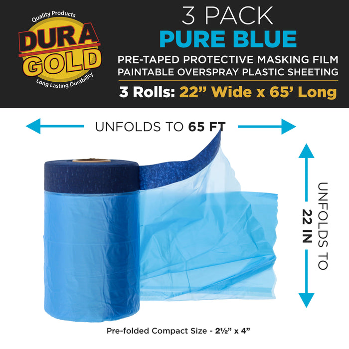 22" x 65' Pure Blue Pre-Taped Masking Film, (3 Pack) Painters Plastic Roll (0.4 Mil), Pull Down Drop Sheet, Pre-Taped Plastic Sheeting for Painting Protection on Auto, Walls, Furniture