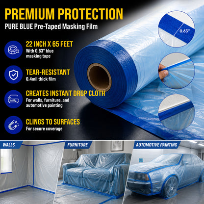 22" x 65' Pure Blue Pre-Taped Masking Film, (3 Pack) Painters Plastic Roll (0.4 Mil), Pull Down Drop Sheet, Pre-Taped Plastic Sheeting