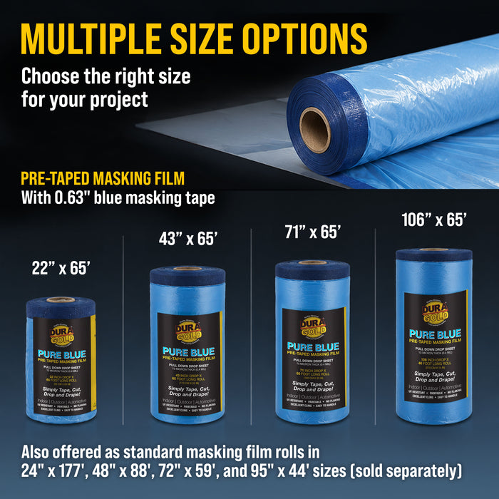 22" x 65' Pure Blue Pre-Taped Masking Film, (3 Pack) Painters Plastic Roll (0.4 Mil), Pull Down Drop Sheet, Pre-Taped Plastic Sheeting for Painting Protection on Auto, Walls, Furniture