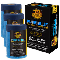 22" x 65' Pure Blue Pre-Taped Masking Film, (3 Pack) Painters Plastic Roll (0.4 Mil), Pull Down Drop Sheet, Pre-Taped Plastic Sheeting