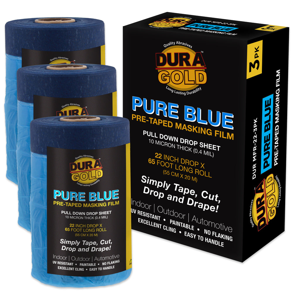 22" x 65' Pure Blue Pre-Taped Masking Film, (3 Pack) Painters Plastic Roll (0.4 Mil), Pull Down Drop Sheet, Pre-Taped Plastic Sheeting for Painting Protection on Auto, Walls, Furniture