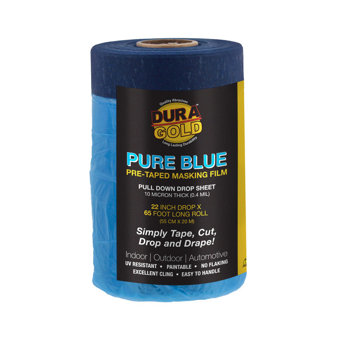 22" Wide x 65' Long Roll Pure Blue Pre-Taped Masking Film, Pre-Folded Overspray Paintable Plastic Protective Sheeting, Pull Down Drop Sheet