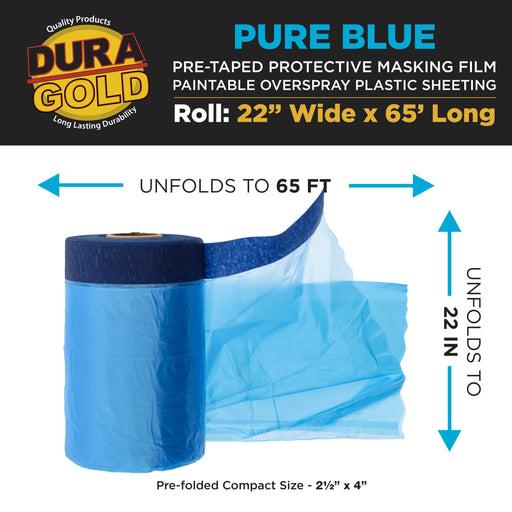 22" Wide x 65' Long Roll Pure Blue Pre-Taped Masking Film, Pre-Folded Overspray Paintable Plastic Protective Sheeting, Pull Down Drop Sheet
