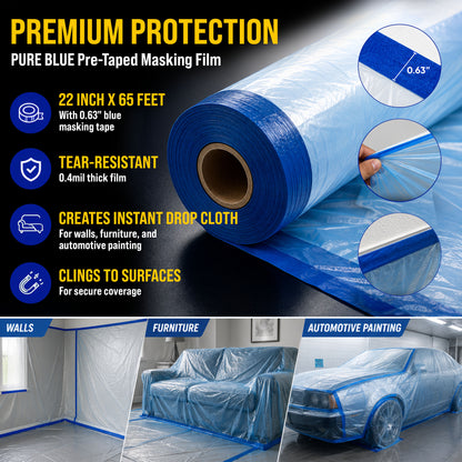22" x 65' Pure Blue Pre-Taped Masking Film - Painters Plastic Roll (0.4 Mil) Pull Down Drop Sheet, Pre-Taped Plastic Sheeting