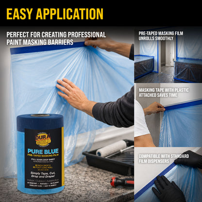 22" x 65' Pure Blue Pre-Taped Masking Film - Painters Plastic Roll (0.4 Mil) Pull Down Drop Sheet, Pre-Taped Plastic Sheeting