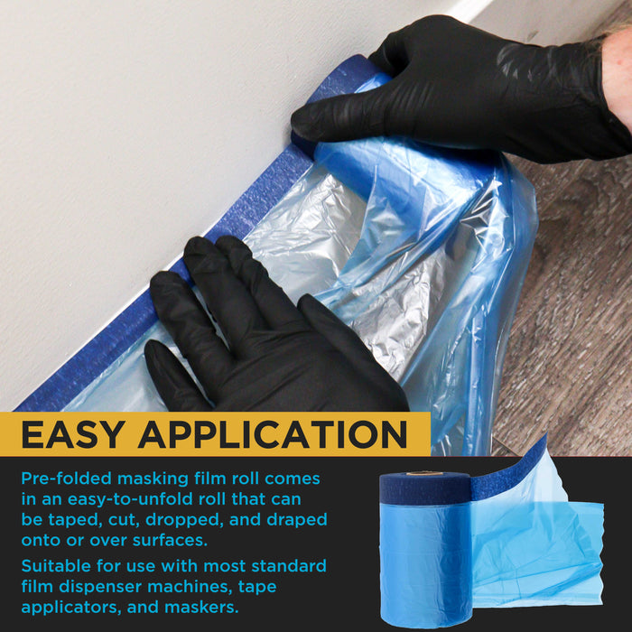 22" x 65' Pure Blue Pre-Taped Masking Film - Painters Plastic Roll (0.4 Mil) Pull Down Drop Sheet, Pre-Taped Plastic Sheeting for Painting Protection on Auto, Walls, Furniture
