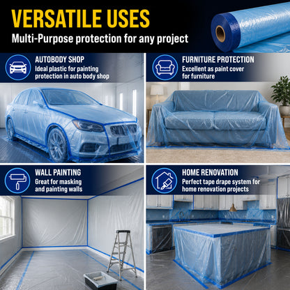 22" x 65' Pure Blue Pre-Taped Masking Film - Painters Plastic Roll (0.4 Mil) Pull Down Drop Sheet, Pre-Taped Plastic Sheeting