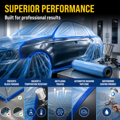 22" x 65' Pure Blue Pre-Taped Masking Film - Painters Plastic Roll (0.4 Mil) Pull Down Drop Sheet, Pre-Taped Plastic Sheeting