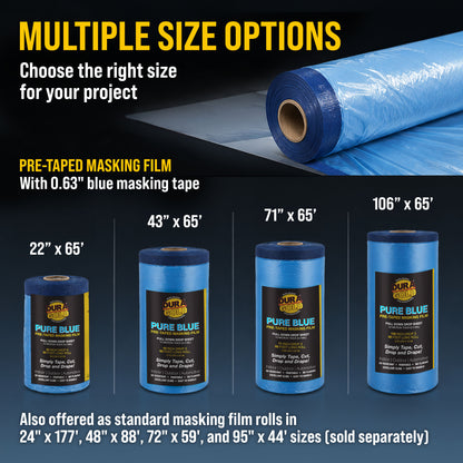 22" x 65' Pure Blue Pre-Taped Masking Film - Painters Plastic Roll (0.4 Mil) Pull Down Drop Sheet, Pre-Taped Plastic Sheeting