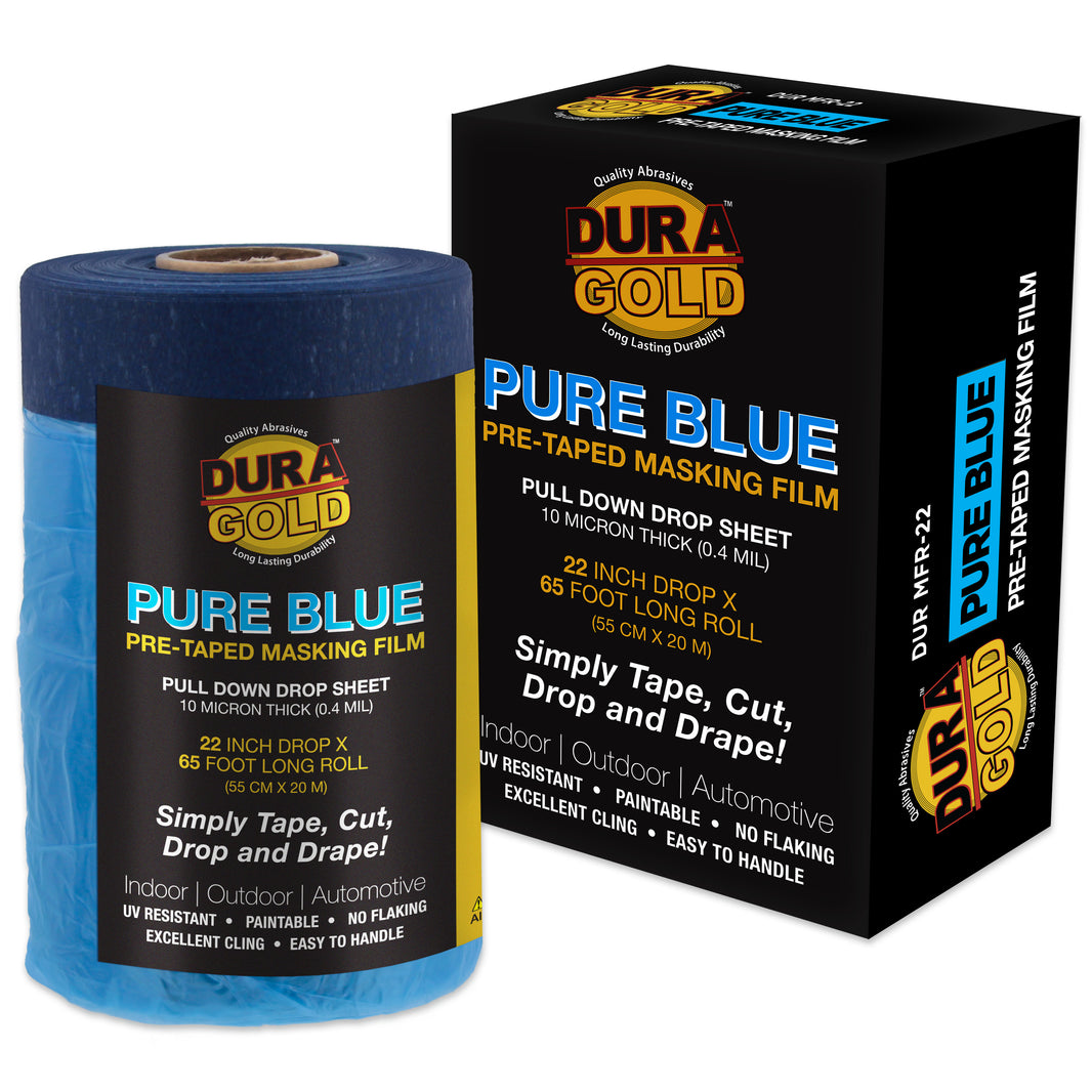 22" x 65' Pure Blue Pre-Taped Masking Film - Painters Plastic Roll (0.4 Mil) Pull Down Drop Sheet, Pre-Taped Plastic Sheeting