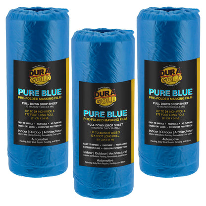 24" x 177' Pure Blue Pre-Folded Masking Film, (3 Pack) Painters Plastic Roll (0.4 Mil), Pull Down Drop Sheet, Pre-Folded Plastic Sheeting