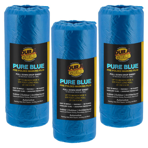 24" Wide x 177' Long Roll of Pure Blue Pre-Folded Masking Film, 3 Pack, Overspray Paintable Plastic Protective Sheeting, Pull Down Drop Sheet