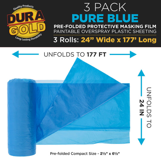 24" Wide x 177' Long Roll of Pure Blue Pre-Folded Masking Film, 3 Pack, Overspray Paintable Plastic Protective Sheeting, Pull Down Drop Sheet