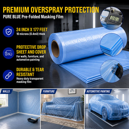 24" x 177' Pure Blue Pre-Folded Masking Film, (3 Pack) Painters Plastic Roll (0.4 Mil), Pull Down Drop Sheet, Pre-Folded Plastic Sheeting