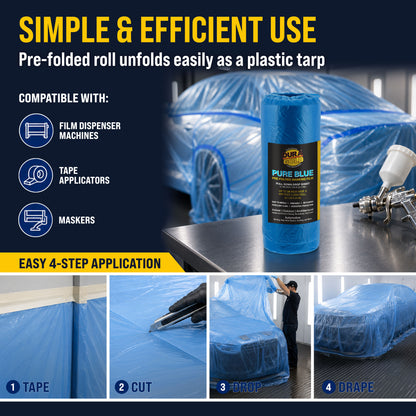 24" x 177' Pure Blue Pre-Folded Masking Film, (3 Pack) Painters Plastic Roll (0.4 Mil), Pull Down Drop Sheet, Pre-Folded Plastic Sheeting