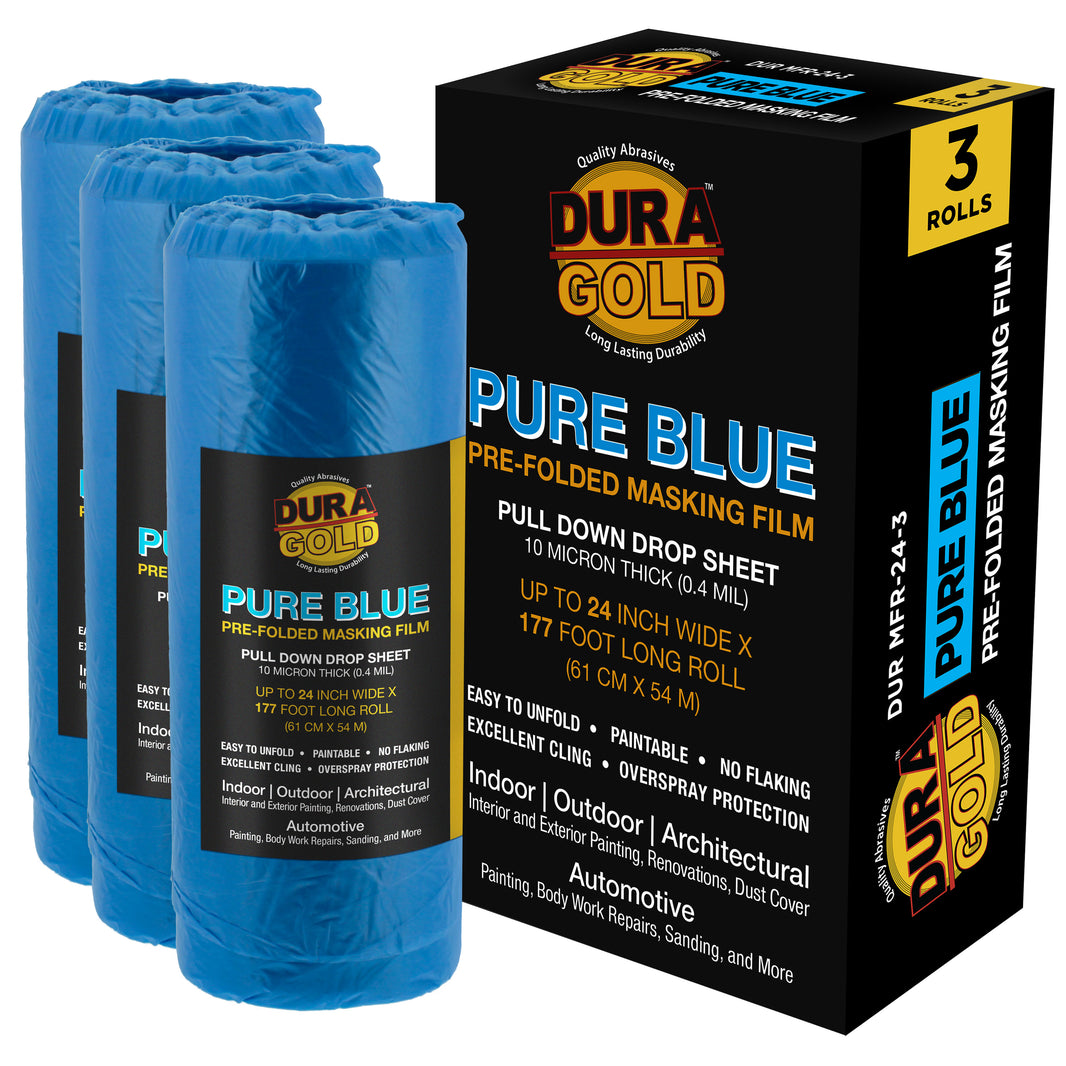 24" x 177' Pure Blue Pre-Folded Masking Film, (3 Pack) Painters Plastic Roll (0.4 Mil), Pull Down Drop Sheet, Pre-Folded Plastic Sheeting