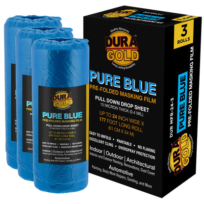 24" x 177' Pure Blue Pre-Folded Masking Film, (3 Pack) Painters Plastic Roll (0.4 Mil), Pull Down Drop Sheet, Pre-Folded Plastic Sheeting