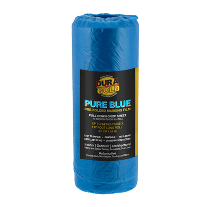 24" x 177' Pure Blue Pre-Folded Masking Film - Painters Plastic Roll (0.4 Mil) Pull Down Drop Sheet, Pre-Folded Plastic Sheeting