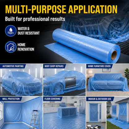 24" x 177' Pure Blue Pre-Folded Masking Film - Painters Plastic Roll (0.4 Mil) Pull Down Drop Sheet, Pre-Folded Plastic Sheeting