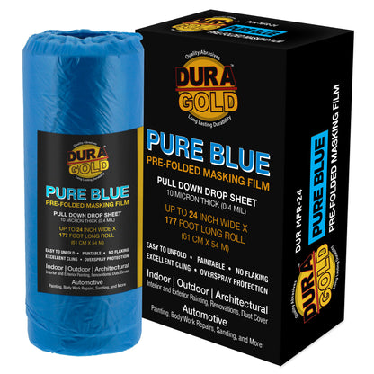 24" x 177' Pure Blue Pre-Folded Masking Film - Painters Plastic Roll (0.4 Mil) Pull Down Drop Sheet, Pre-Folded Plastic Sheeting