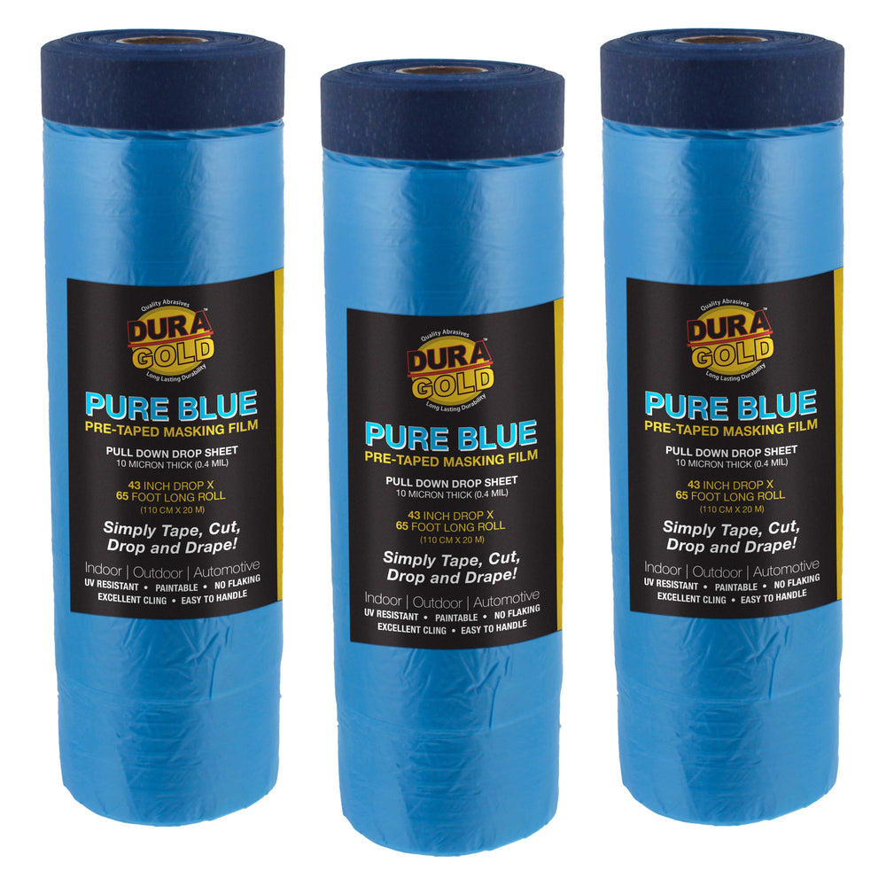 43" Wide x 65' Long Roll of Pure Blue Pre-Taped Masking Film, 3 Pack - Overspray Paintable Plastic Protective Sheeting, Pull Down Drop Sheet