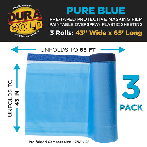 43" Wide x 65' Long Roll of Pure Blue Pre-Taped Masking Film, 3 Pack - Overspray Paintable Plastic Protective Sheeting, Pull Down Drop Sheet