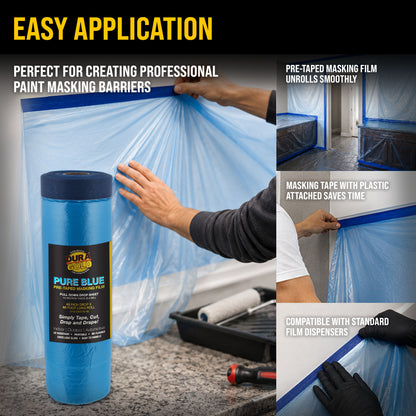 43" x 65' Pure Blue Pre-Taped Masking Film, (3 Pack) Painters Plastic Roll (0.4 Mil), Pull Down Drop Sheet, Pre-Taped Plastic Sheeting