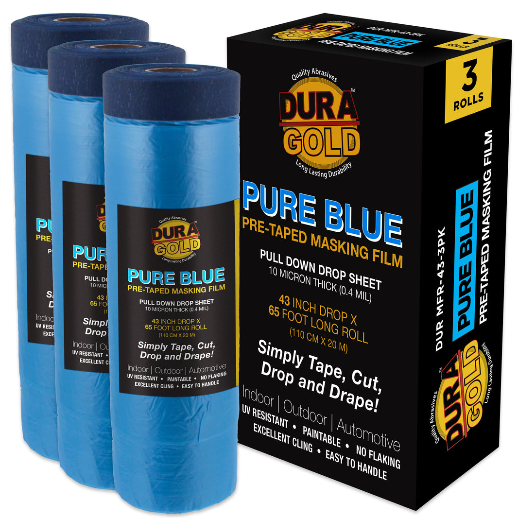 43" x 65' Pure Blue Pre-Taped Masking Film, (3 Pack) Painters Plastic Roll (0.4 Mil), Pull Down Drop Sheet, Pre-Taped Plastic Sheeting