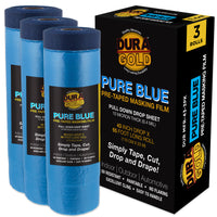 43" x 65' Pure Blue Pre-Taped Masking Film, (3 Pack) Painters Plastic Roll (0.4 Mil), Pull Down Drop Sheet, Pre-Taped Plastic Sheeting