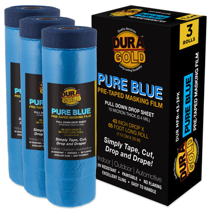 43" x 65' Pure Blue Pre-Taped Masking Film, (3 Pack) Painters Plastic Roll (0.4 Mil), Pull Down Drop Sheet, Pre-Taped Plastic Sheeting