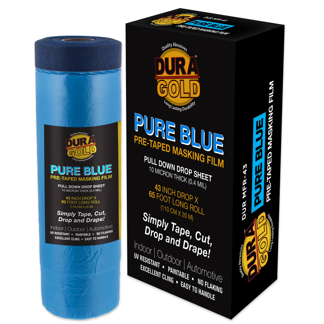 43" x 65' Pure Blue Pre-Taped Masking Film - Painters Plastic Roll (0.4 Mil) Pull Down Drop Sheet, Pre-Taped Plastic Sheeting