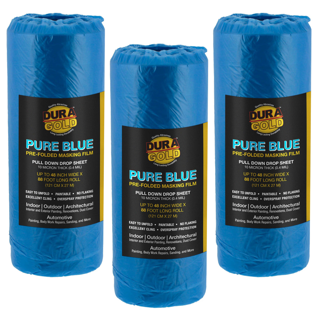 48" x 88' Pure Blue Pre-Folded Masking Film, (3 Pack) Painters Plastic Roll (0.4 Mil), Pull Down Drop Sheet, Pre-Folded Plastic Sheeting