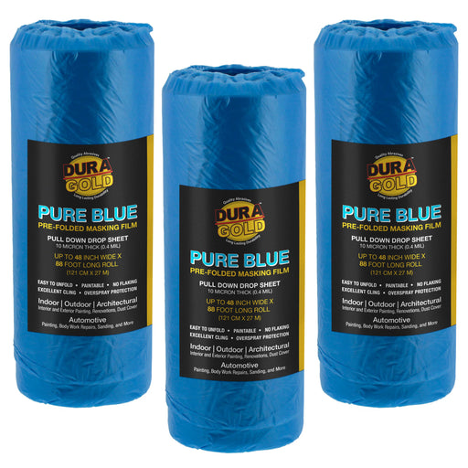 48" Wide x 88' Long Roll of Pure Blue Pre-Folded Masking Film, 3 Pack - Overspray Paintable Plastic Protective Sheeting, Pull Down Drop Sheet