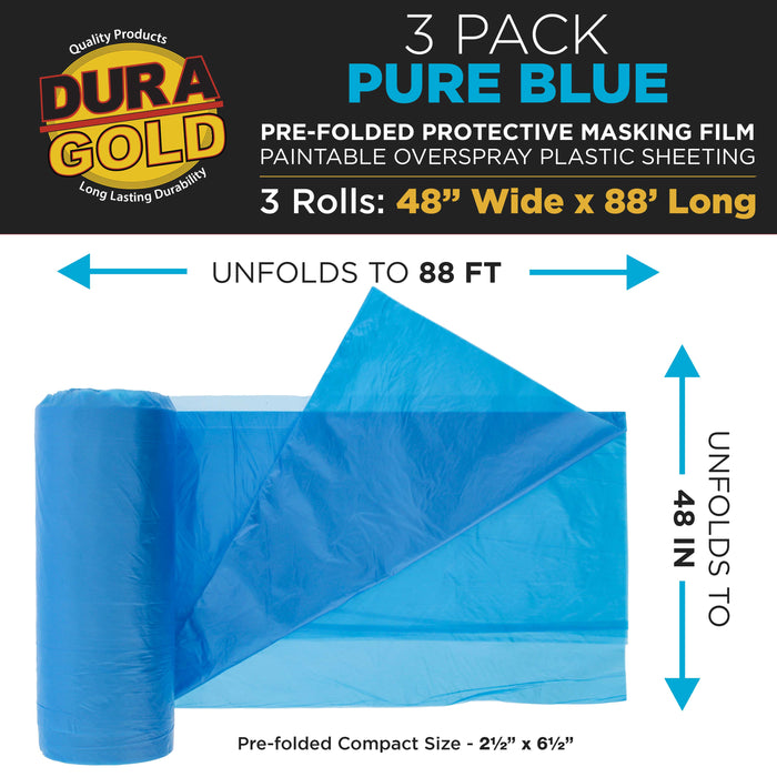 48" Wide x 88' Long Roll of Pure Blue Pre-Folded Masking Film, 3 Pack - Overspray Paintable Plastic Protective Sheeting, Pull Down Drop Sheet