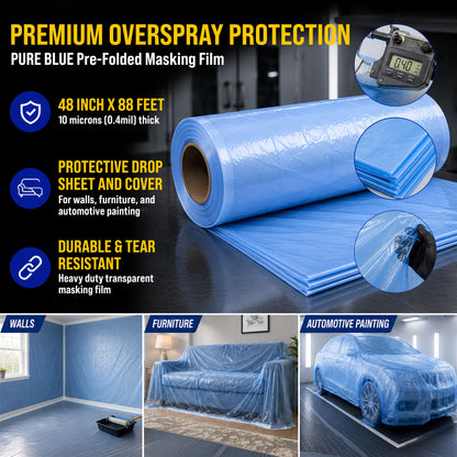 48" x 88' Pure Blue Pre-Folded Masking Film, (3 Pack) Painters Plastic Roll (0.4 Mil), Pull Down Drop Sheet, Pre-Folded Plastic Sheeting