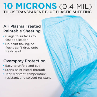 48" x 88' Pure Blue Pre-Folded Masking Film, (3 Pack) Painters Plastic Roll (0.4 Mil), Pull Down Drop Sheet, Pre-Folded Plastic Sheeting